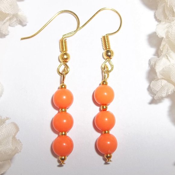 wvluckygirl Jewelry - Neon Orange and Gold Earrings Fashion Jewelry Dangle Beaded Handmade Sleek 6772